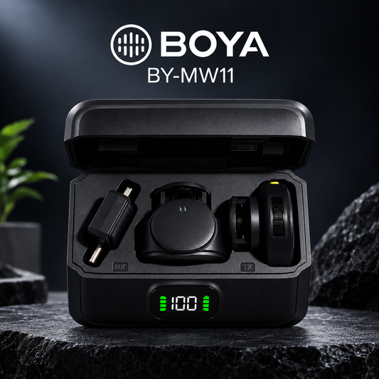 BOYA BY-MW11 wireless microphone system with dual microphones and charging case
