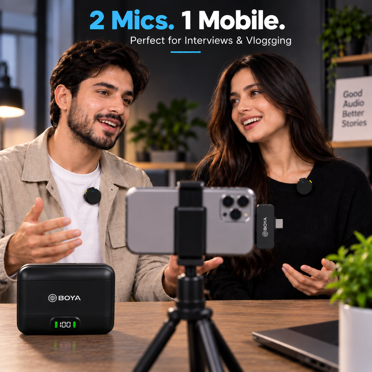 BOYA BY-MW11 dual wireless microphones used for vlogging and two-person interviews