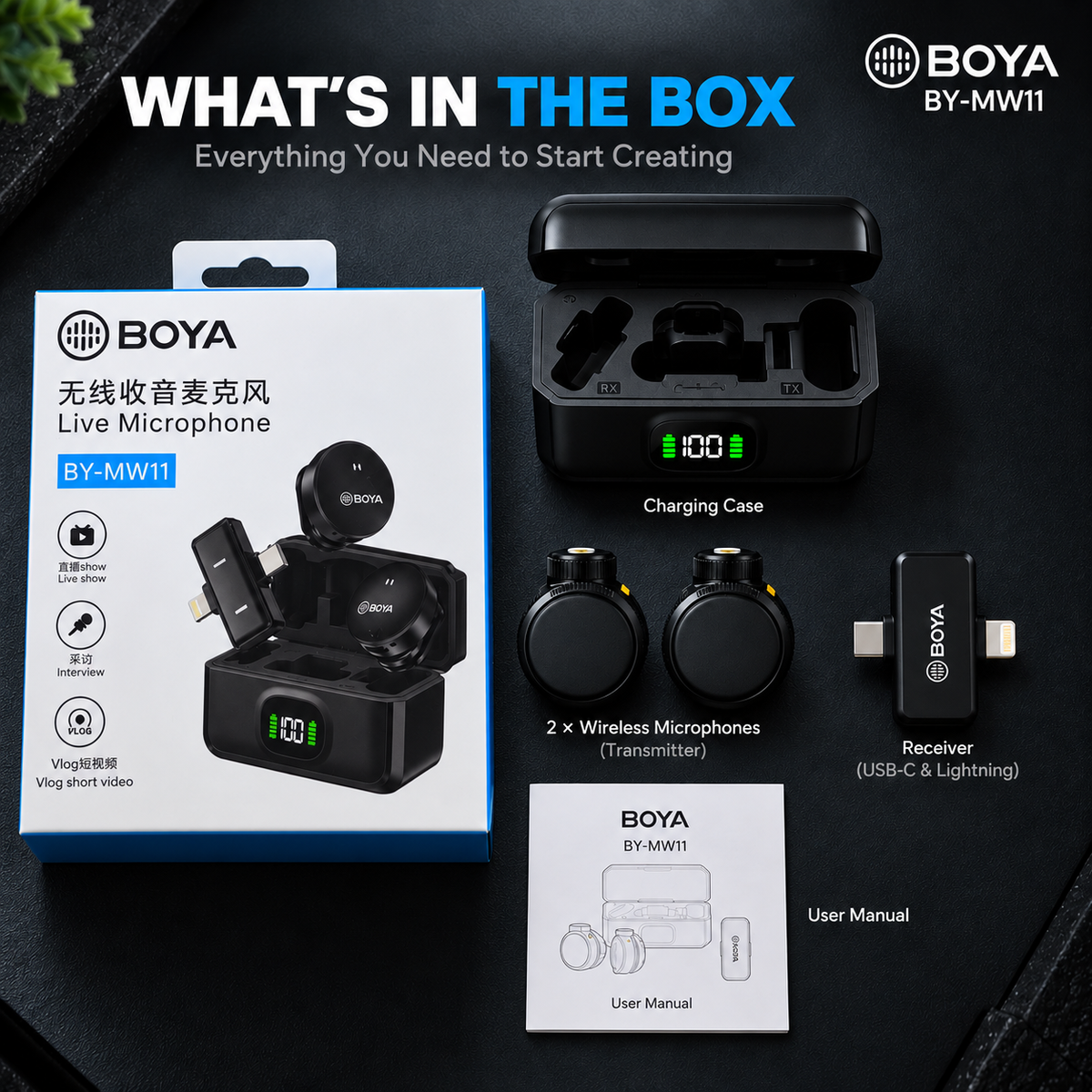 BOYA BY-MW11 wireless microphone kit showing charging case, microphones, receiver, box and user manual
