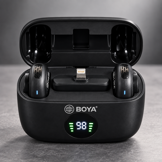 BOYA BY-MW2 wireless lavalier microphone with dual microphones in charging case showing battery display