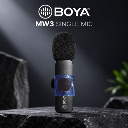BOYA BY-MW3 Single Mic wireless microphone displayed upright on a premium dark studio surface.