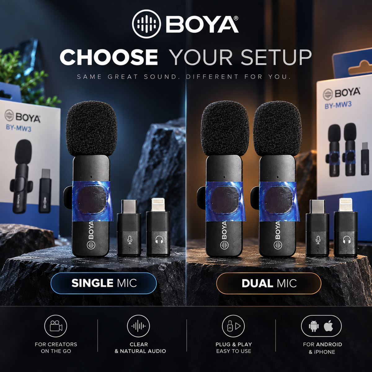 BOYA BY-MW3 wireless microphone comparison showing Single Mic and Dual Mic versions with their respective setups.