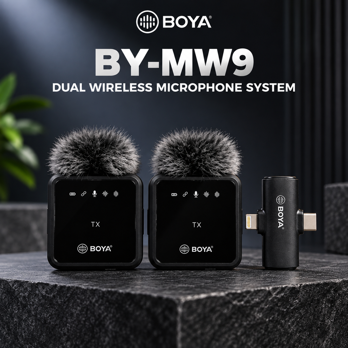 Premium product hero image featuring two wireless transmitters and a compact receiver on a dark stone platform.Premium product hero image featuring two wireless transmitters and a compact receiver on a dark stone platform.