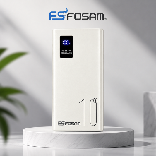 ESFOSAM 10000mAh power bank with digital battery display, shown on a white marble pedestal in a premium studio setting.