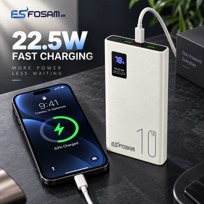 ESFOSAM 10000mAh power bank displaying 78% battery while charging a smartphone, featuring 22.5W fast charging and a digital battery display.