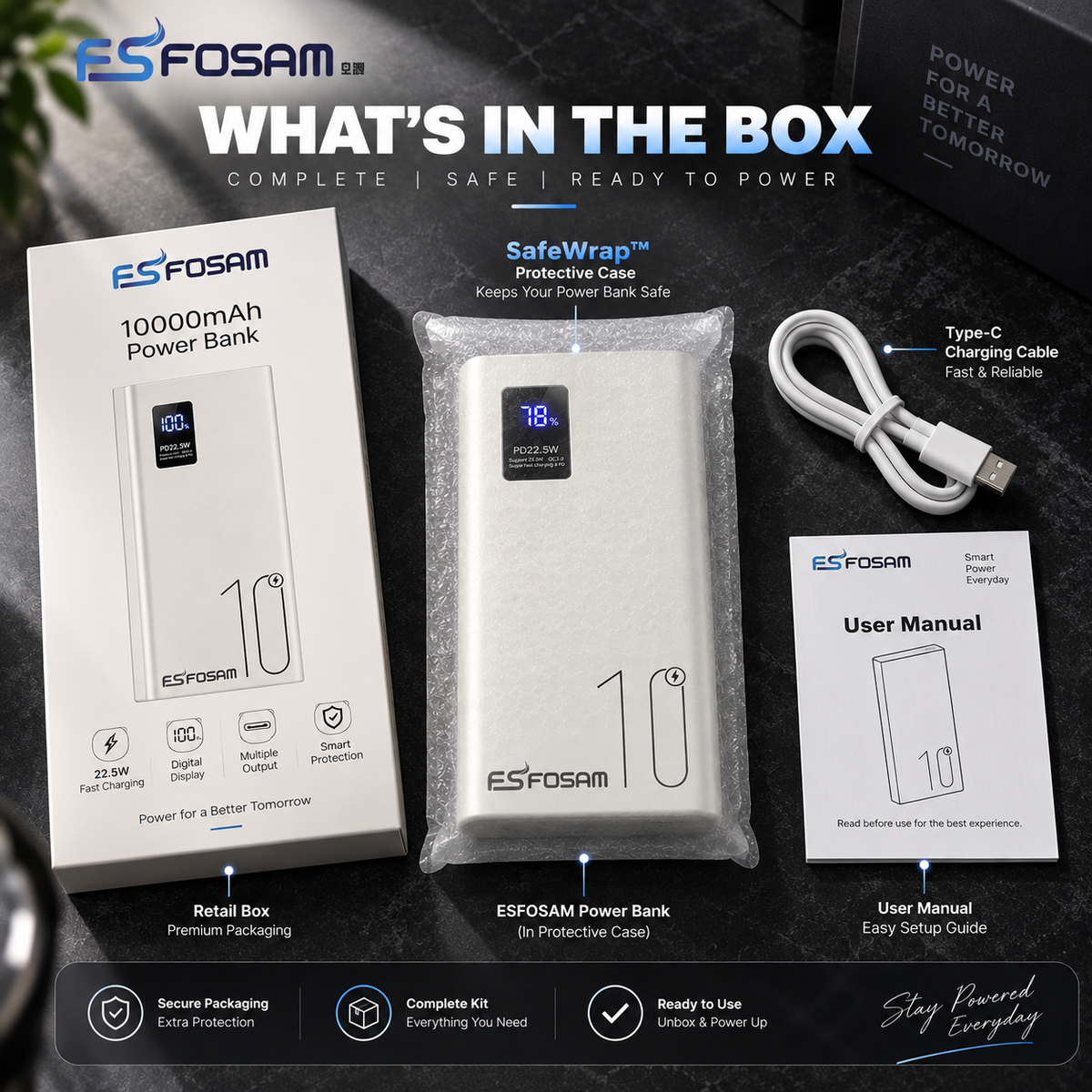 ESFOSAM 10000mAh power bank featuring multiple output ports, Type-C input/output, dual USB-A outputs, 22.5W fast charging, digital battery display, and smart protection.