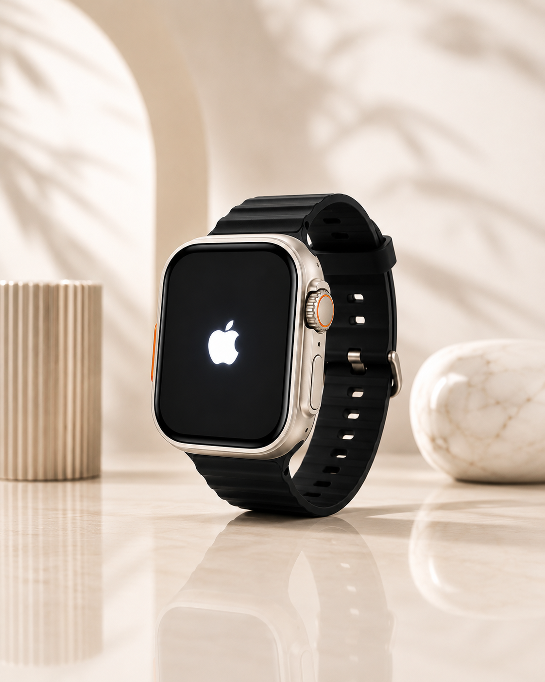 Ultra 3 49mm smartwatch with black strap, silver-toned case, gold crown, and Apple logo displayed on the screen.
