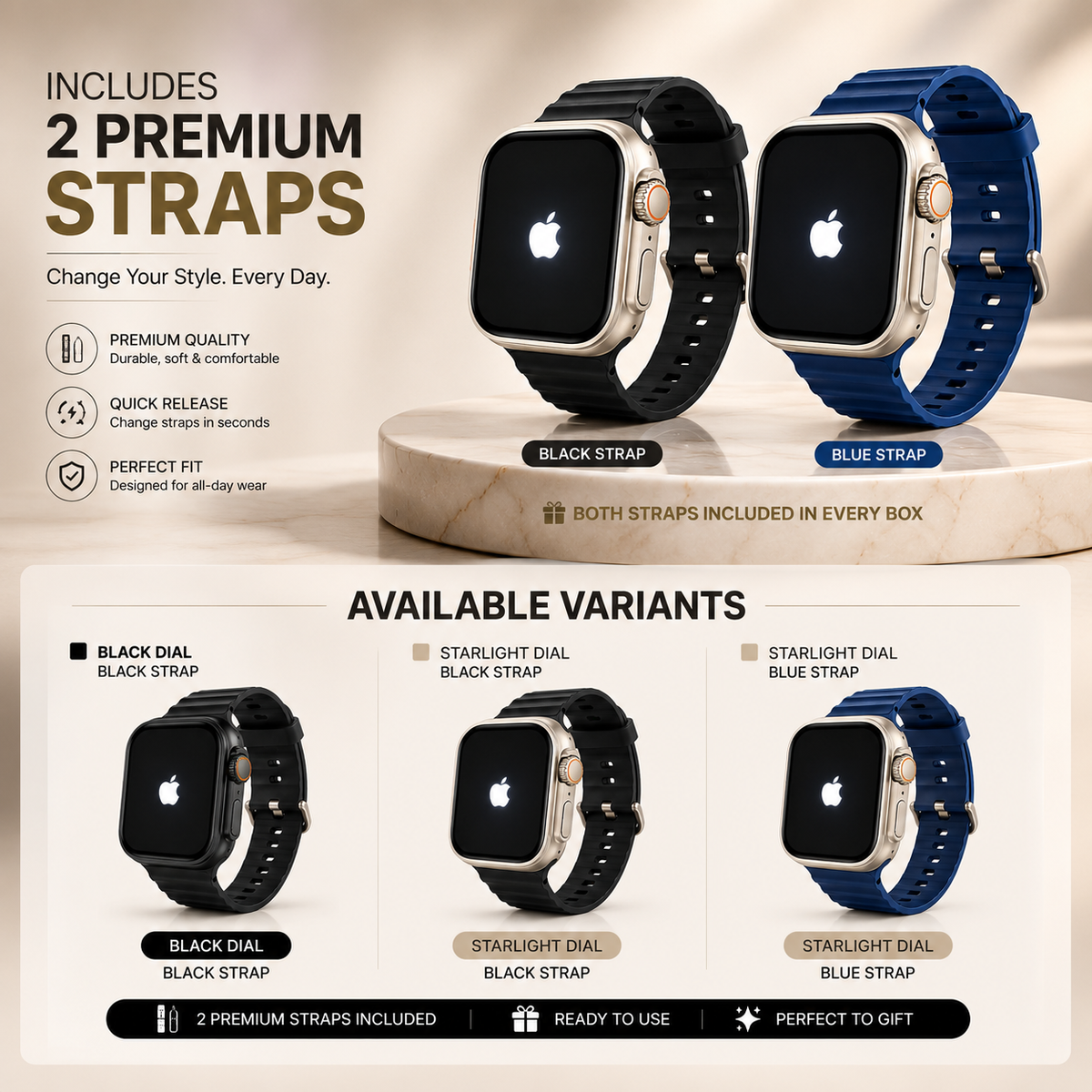 49mm Ultra 3 smartwatch shown with black and blue straps, highlighting two premium straps included and available black and starlight dial variants.