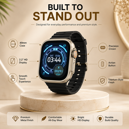 49mm Ultra 3 smartwatch with black strap and silver-toned case, featuring a 2.2-inch HD display, precision crown, action button, smooth touch controls, and titanium-style finish.