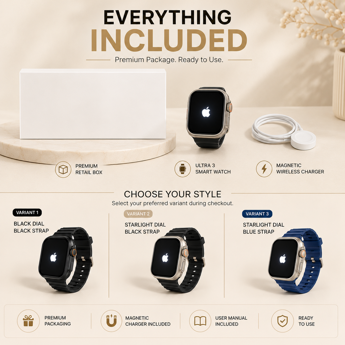 49mm Ultra 3 smartwatch package with premium retail box, magnetic wireless charger, user manual, and three style variants: black dial with black strap, starlight dial with black strap, and starlight dial with blue strap.