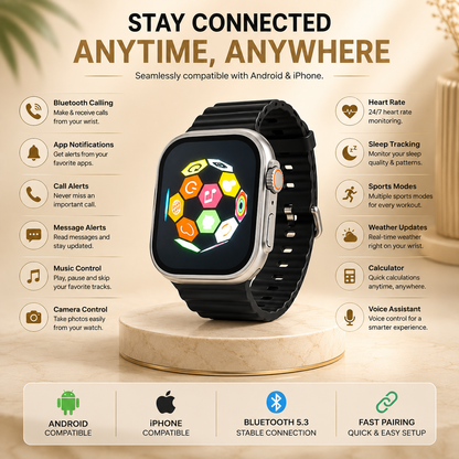 49mm Ultra 3 smartwatch with black sport band featuring Bluetooth calling, app notifications, message alerts, music and camera control, heart rate monitoring, sleep tracking, sports modes, weather updates, calculator, and voice assistant.