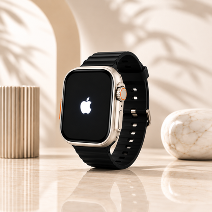 Ultra 3 49mm smartwatch with black strap, silver-toned case, gold crown, and Apple logo displayed on the screen.