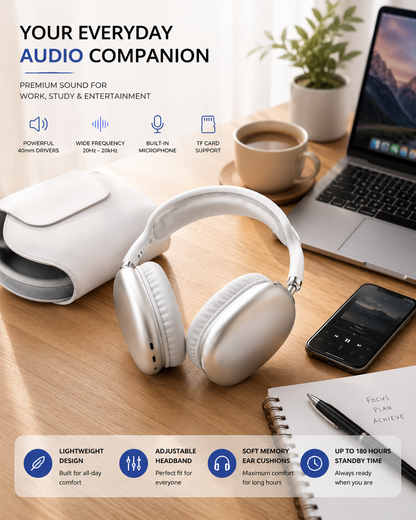 AirPods Max wireless headphones on a wooden desk with a laptop, smartphone, and carrying case.