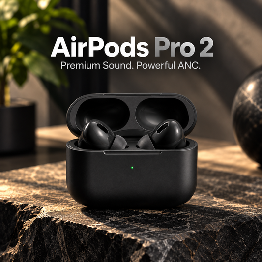 AirPods Pro 2 wireless earbuds in a black charging case with premium sound and powerful ANC branding.