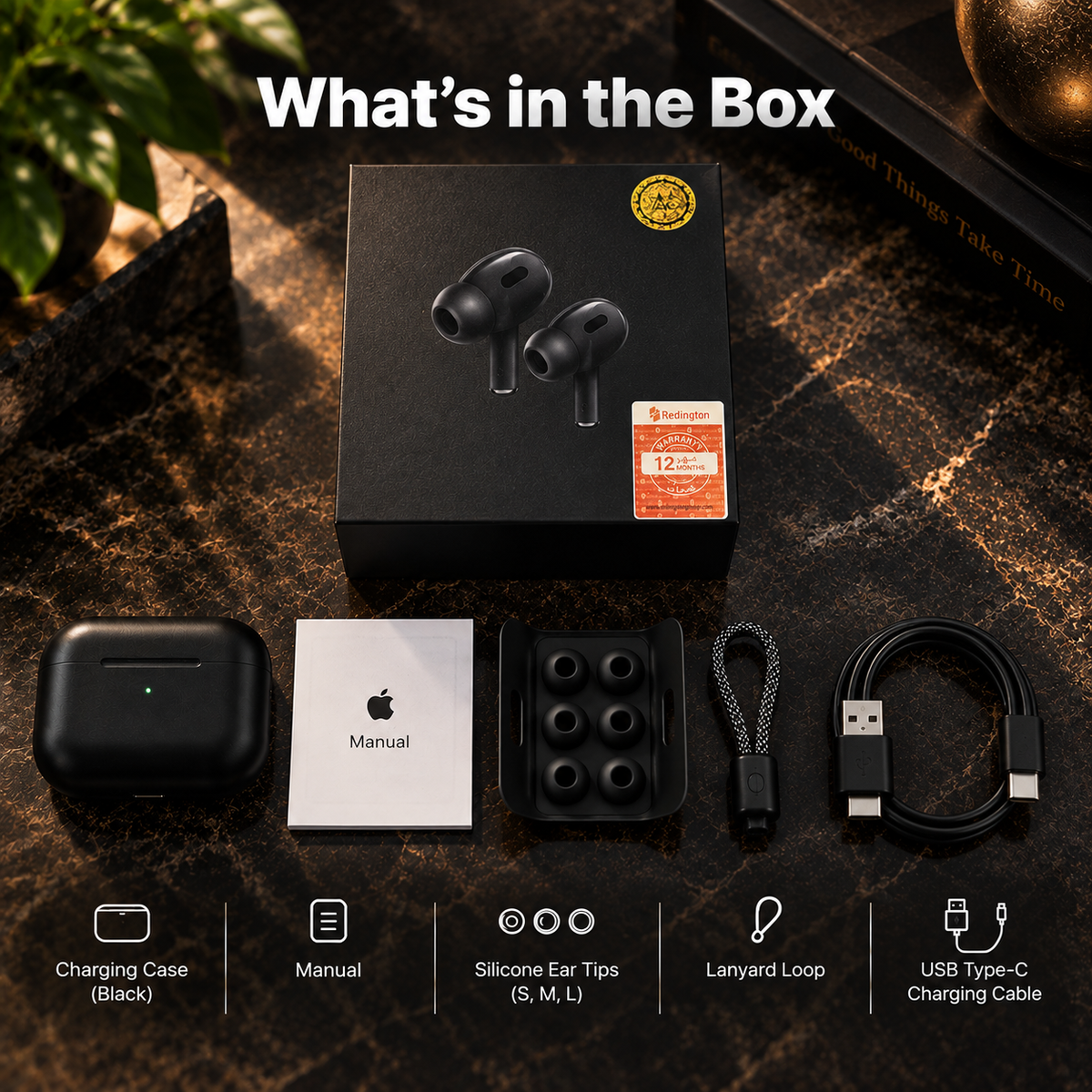 AirPods Pro 2 package contents showing the earbuds, charging case, accessories, and original box.