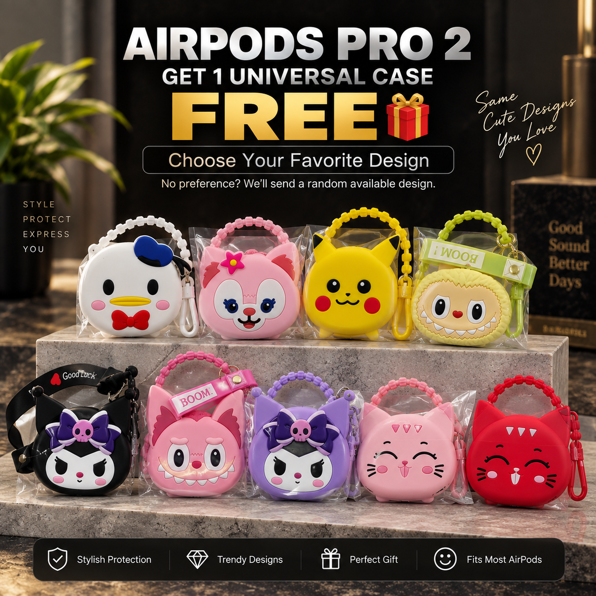 AirPods Pro 2 promotional image featuring multiple colorful universal protective case designs included for free.