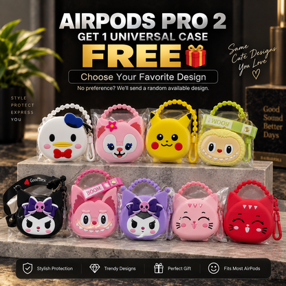AirPods Pro 2 promotional image featuring multiple colorful universal protective case designs included for free.