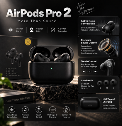 Black AirPods Pro 2 wireless earbuds with charging case, highlighting premium sound, ANC, touch controls, and key features.