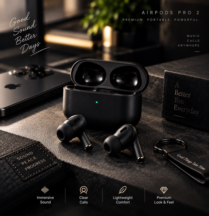 AirPods Pro 2 black wireless earbuds with charging case, premium design, immersive sound, clear calls, lightweight comfort, and premium look.