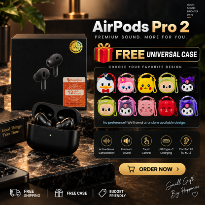 AirPods Pro 2 promotional offer showing the black earbuds, original box, free universal case options, product features, and order-now details.
