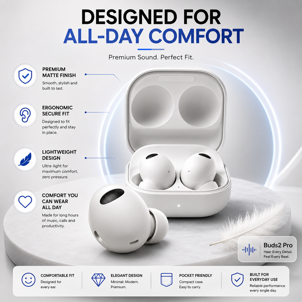 BUDS2 Pro wireless earbuds featuring ergonomic fit, lightweight design and all-day comfort