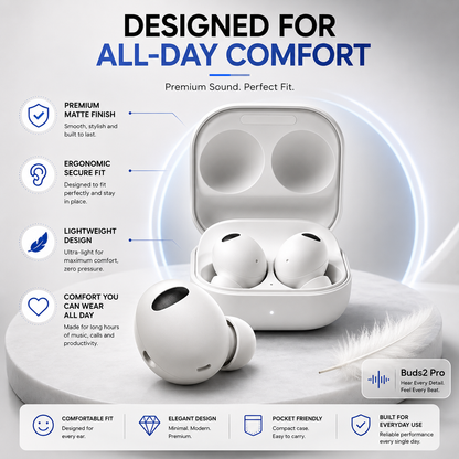 BUDS2 Pro wireless earbuds featuring ergonomic fit, lightweight design and all-day comfort