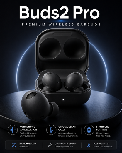Black BUDS2 Pro wireless earbuds with charging case, active noise cancellation and Bluetooth 5.3