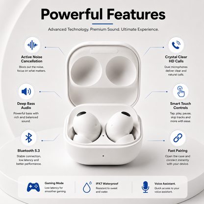 BUDS2 Pro wireless earbuds showcasing active noise cancellation, deep bass, Bluetooth 5.3, HD calls, smart touch controls and fast pairing