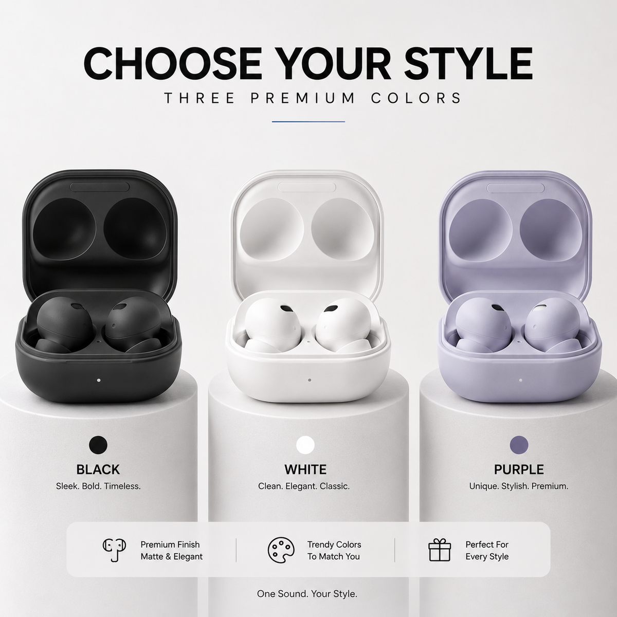 BUDS2 Pro wireless earbuds in black, white and purple color options displayed in charging cases