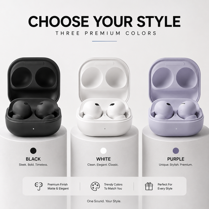 BUDS2 Pro wireless earbuds in black, white and purple color options displayed in charging cases