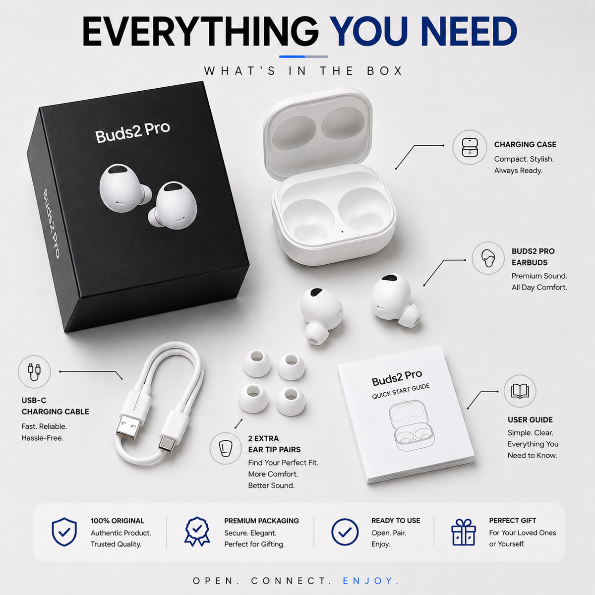 BUDS2 Pro wireless earbuds complete package with charging case, USB-C cable, ear tips and user guide