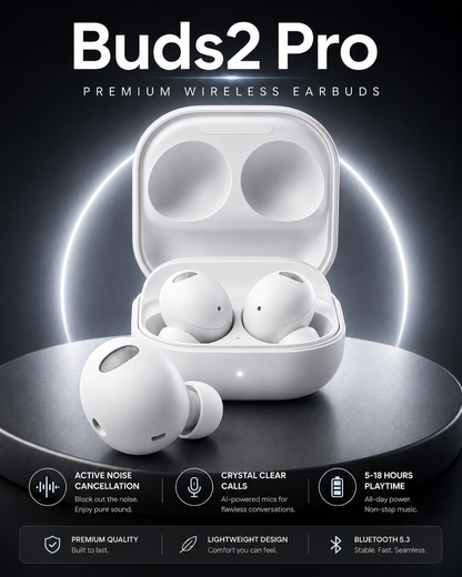 White Buds2 Pro wireless earbuds with charging case and one earbud displayed on a dark premium background.