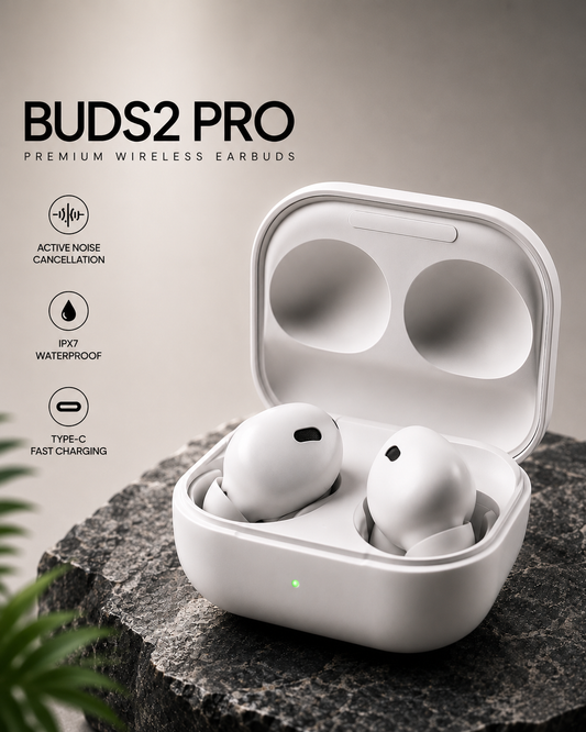 Silent Tech Buds2 Pro white wireless earbuds with charging case