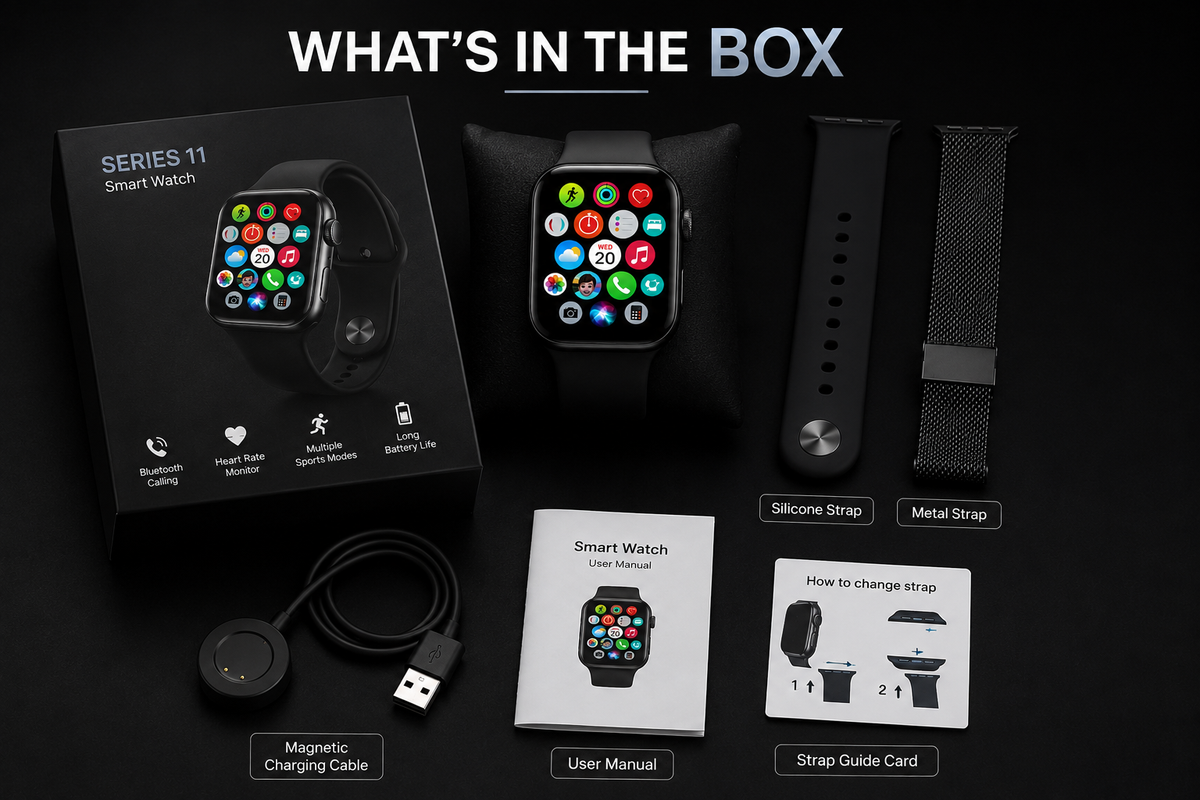 Series 11 smartwatch box with watch, silicone strap, metal strap, charging cable and user manual