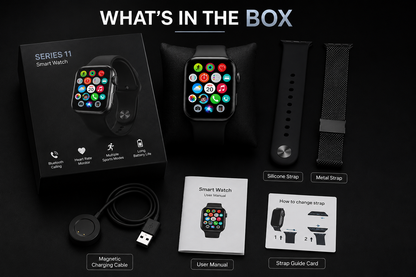 Series 11 smartwatch box with watch, silicone strap, metal strap, charging cable and user manual
